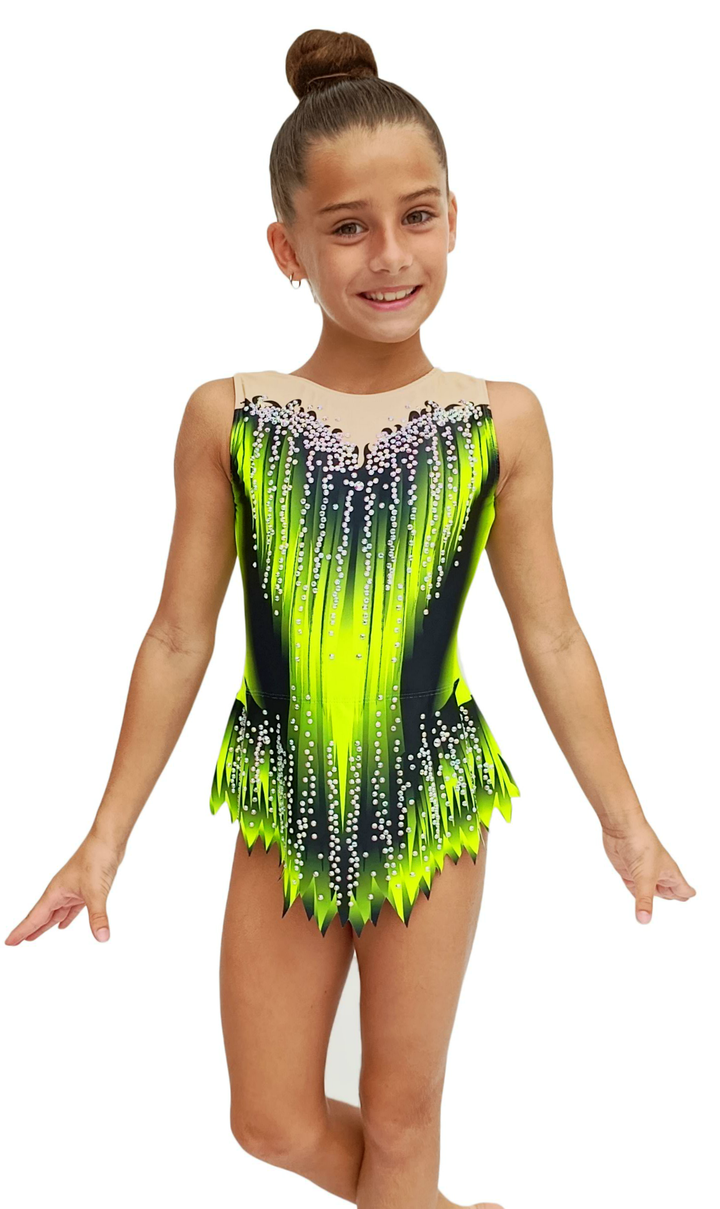 Maillot de gimnasia rítmica en tonos verde neón y negro, con caída de pedrería brillante. Diseño moderno, cómodo y ligero, perfecto para destacar en competición.