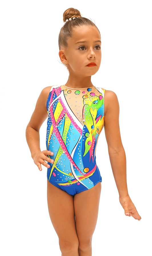 Maillot de gimnasia con diseño alegre y lleno de color en tonos neón, con pedrería brillante y tejido elástico que ofrece máxima comodidad y libertad de movimiento. Ideal para competiciones y entrenamientos.